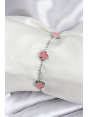 Store Mania Ieg™ 316L Çelik Gümüş Renk Pembe Baby Boy Yonca Kadın Bileklik