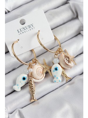 Store Mania Ieg™ Pirinç Sallantılı Seramik Balık ve Deniz Kabuğu Model Gold Renk Kadın Küpe