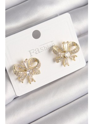 Store Mania Ieg™ Pirinç Gold Renk Zirkon Taşlı Fiyonk Model Kadın Küpe