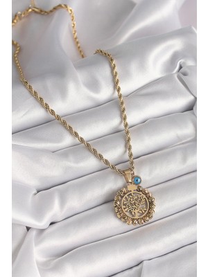 Store Mania Ieg™ 316L Çelik Gold Renk Burgu Zincir Dorika Yaşam Ağacı Figür Nazar Boncuk Detay Kadın Kol