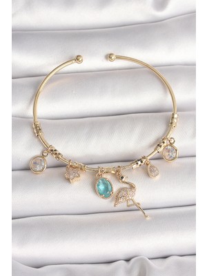 Store Mania Ieg™ Pirinç Gold Renk Zirkon Taşlı Sallantı Filamingo Figür Charm Kadın Bileklik