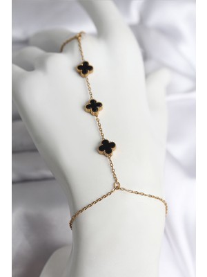 Store Mania Ieg™ 316L Çelik Gold Renk Siyah Yonca Model Kadın Şahmeran