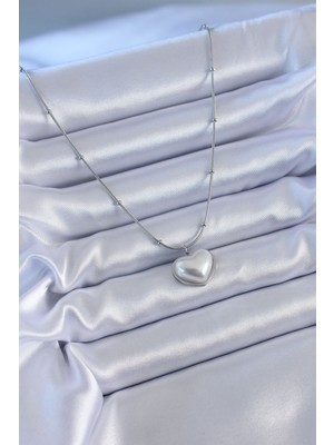 Store Mania Ieg™ 316L Çelik Gümüş Renk Incili Kalp Model Minimal Top Detay Kadın Kolye