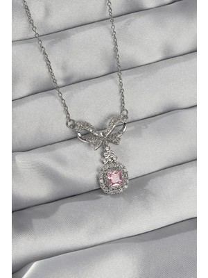 Store Mania Ieg™ 316L Çelik Gümüş Renk Fiyonk Detay Pembe Zirkon Taşlı Tektaş Kolye