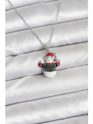 Store Mania Ieg™ 316L Çelik Zincir Gümüş Renk Kardan Adam Figürlü Yılbaşı Temalı Kadın Kolye