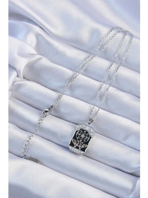 Store Mania Ieg™ 316L Çelik Zincir Gümüş Renk Işlemeli Siyah Mineli Tarot Kolye