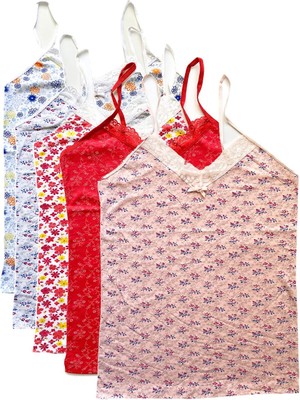 Store Mania Ieg™ 5 Adet Kadın Askılı Desenli Atlet Dantelli Empirme Pamuklu Penye D6-10