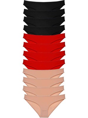 Store Mania Ieg™ 12 Adet Süper Eko Set Likralı Kadın Slip Külot Siyah Kırmızı Ten