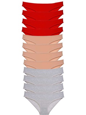 Store Mania Ieg™ 12 Adet Eko Set Likralı Kadın Slip Külot Kırmızı Ten Gri