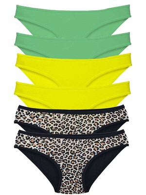 Store Mania Ieg™ 6 Adet Likralı Kadın Slip Külot Leopar Yeşil Sarı