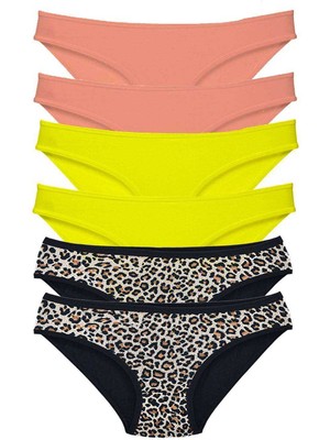 Store Mania Ieg™ 6 Adet Likralı Kadın Slip Külot Leopar Pudra Sarı