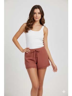 Store Mania Ieg™ Bambu Fitilli Kadın Ev Şortu Bacak Dantel Detaylı Ev Giyim Taba