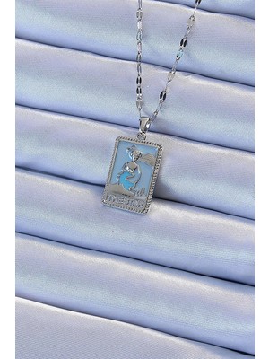 Shopwave 316L Çelik Zincir Gümüş Renk Mavi Mineli Tarot Kolye