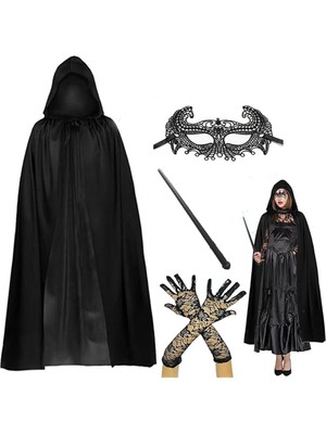 Store Mania Ieg™ 120 cm Kapüşonlu Siyah Pelerin + Asa + Dantel Maske + Uzun Dantel Siyah Eldiven Kostüm Set
