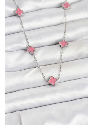 Store Mania Ieg™ 316L Çelik Zincir Gümüş Renk Pembe Baby Boy Yonca Kadın Kolye - TJ-BKO10575