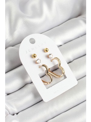 Store Mania Ieg™ Pirinç Zirkon Taş ve Kalp Figürlü Gold Renk 3'lü Çift Kadın Küpe Set - TJ-BKP10650