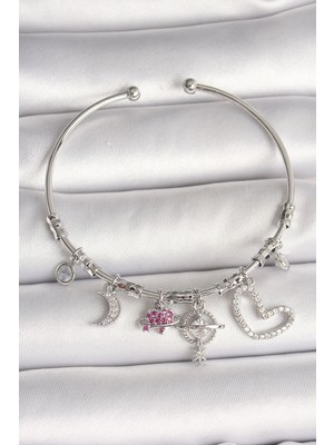 Store Mania Ieg™ Pirinç Gümüş Renk Sallantı Zirkon Taşlı Gezegen Figür Kalp Detay Charm Kadın Bilekli