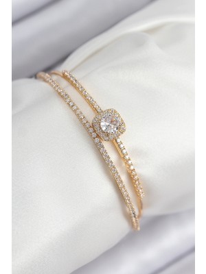 Store Mania Ieg™ Pirinç Zirkon Taşlı Baget Model Gold Renk Kadın Bileklik - TJ-BB7871
