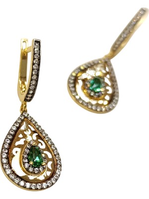 Genel Damla Yeşil Taşlı Sallanan Küpe 14 Ayar Altın Hd Videolu