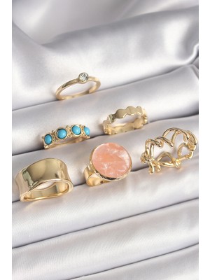 Store Mania Ieg™ Pirinç Gold Renk Daire Pembe Mineli Zirkon Taş Detaylı 6'lı Kadın Yüzük Seti - Tj-Byk3