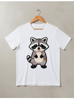 Texrium Gülen Rakun Figür Baskılı Beyaz Pamuklu T-Shirt