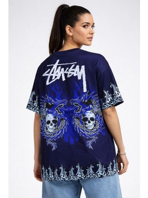 Velmora Fashion Kadın Lacivert Oversize Tişört Dragon & Kuru Kafa Baskılı Bisiklet Yaka T-Shirt - Lacivert