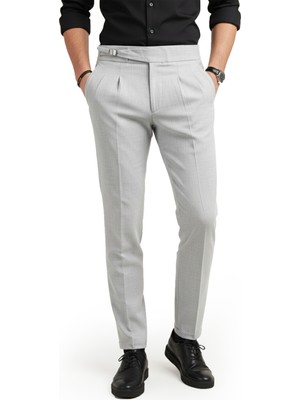 Deepsea Erkek Gri Likralı Italyan Kesim Pileli Kemer Tokalı Şık Kumaş Pantolon 2601020