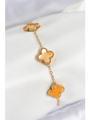 Store Mania Ieg™ 316L Çelik Sedefli Turuncu Gold Renk Yonca Kadın Bileklik - TJ-BB7668