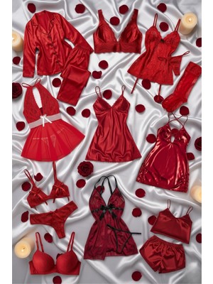 Zenches Kadın Kırmızı Kutulu Saten,deri ve Tül 17 Parça Çeyizlik Takım Pijama,gecelik,iç Giyim Setleri