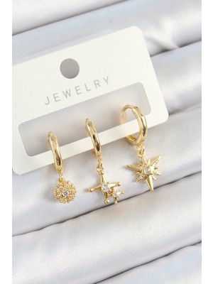 Store Mania Ieg™ Pirinç Zirkon Taşlı Yıldız Model Gold Renk 3'lü Çift Kadın Küpe Set - TJ-BKP10818