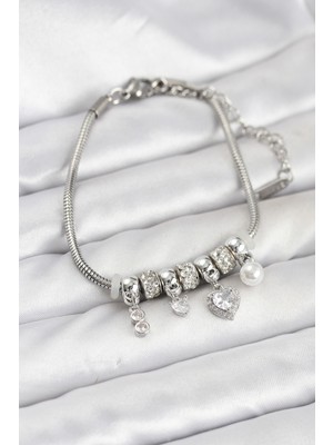 Store Mania Ieg™ Pirinç Gümüş Renk Kalp Charmlı Kadın Bileklik - TJ-BB8208