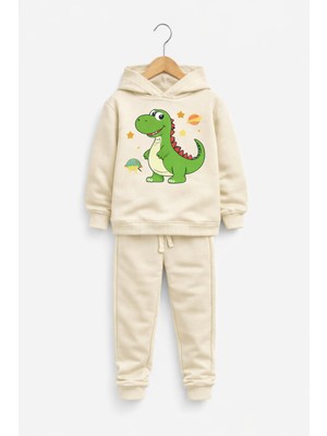 Krem Dinozor Baskılı Erkek Çocuk Eşofman Takımı