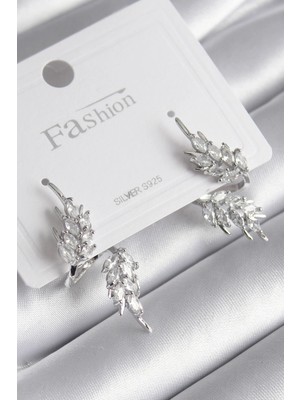 Shopwave Pirinç Gümüş Renk Zirkon Taşlı Yaprak Model Kadın Küpe