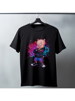 Velmora Fashion Porky Pig Graffiti Baskılı Unisex Siyah Oversize Tişört - 24/1 Penye