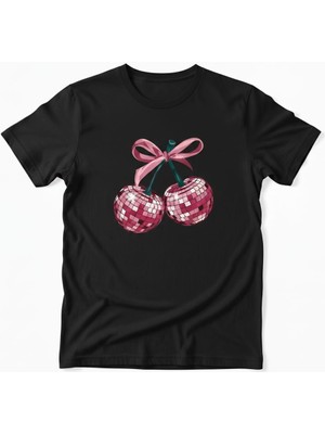 Texrium Fiyonklu Disco Topu Pembe Kiraz Tasarımlı Siyah -Beyaz Pamuklu Kadın T-Shirt