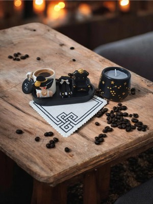 Rivelcandle El Yapımı Taş Tozu Türk Kahvesi Sunum Seti ve Mum Seti Yıldız Detaylı