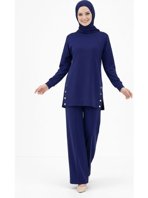 Velmora Fashion Osy Modal Yumuşak Dokulu Kumaş Modern Tesettür Takım Yandan Metal Çıtçıtlı Uzun Tunik Pantolon Set Salaş Kalıp - Lacivert