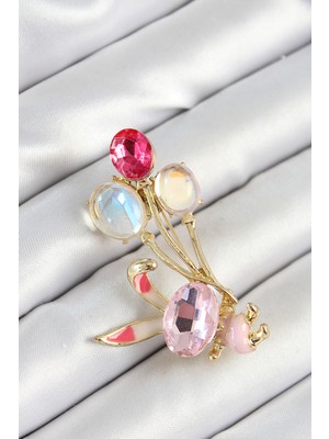 Store Mania Ieg™ Zirkon Taşlı Balonlu Pembe Tavşan Figürlü Gold Renk Kadın Broş - TJ-BR451