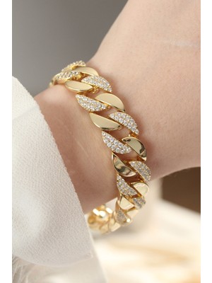 Store Mania Ieg™ Vip Seri Pirinç Zirkon Taşlı Gold Renk Gurmet Bileklik - TJ-BB6049