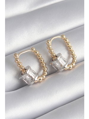 Store Mania Ieg™ Pirinç Gold Renk Top Model Gümüş Renk Zirkon Taşlı Kadın Küpe - TJ-BKP8495