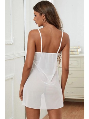 Beruflic Kadın Beyaz V Yaka Dantel Detaylı Tül Gecelik