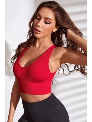 Beruflic Kadın Kırmızı Derin Göğüs Dekolteli Şık Crop Top Bluz