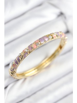 Store Mania Ieg™ Mineli Pirinç Zirkon Taşlı Pembe Mor Çiçek Motifli Gold Kadın Kelepçe - TJ-BB7814