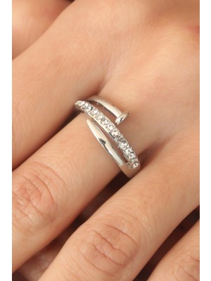 Store Mania Ieg™ Gümüş Renk Taşlı Çivi Ayarlanabilir Kadın Yüzük - TJ-BYK2407