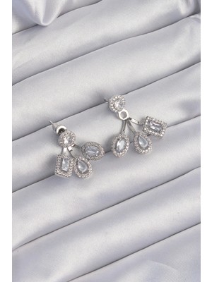 Shopwave Pirinç Gümüş Renk Zirkon Taşlı Geometrik Model Küpe