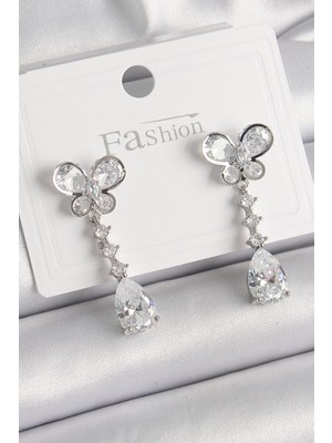 Store Mania Ieg™ Pirinç Gümüş Renk Model Sallantı Damla Zirkon Taşlı Kadın Küpe - TJ-BKP9861