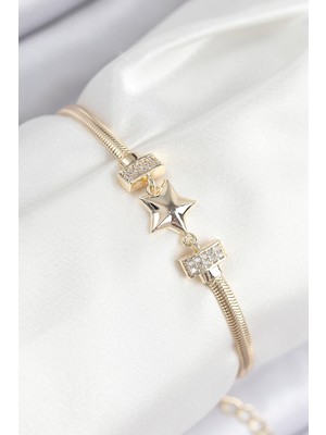 Store Mania Ieg™ Pirinç Zirkon Taşlı Yıldız Model Gold Renk Kadın Bileklik - TJ-BB7899