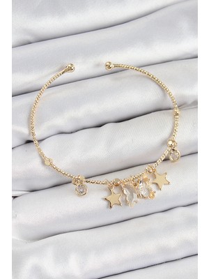 Store Mania Ieg™ Pirinç Zirkon Taşlı ve Yıldız Model Gold Renk Charm Bileklik - TJ-BB7355