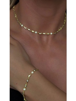 Wind Silver Fatmaeli Çiçek Ay Mix Kolye 925 Ayar