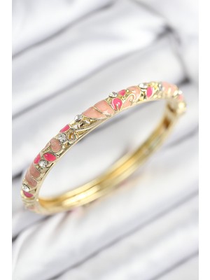 Store Mania Ieg™ Mineli Pirinç Zirkon Taşlı Pembe Çiçek Motifli Gold Kadın Kelepçe - TJ-BB7818